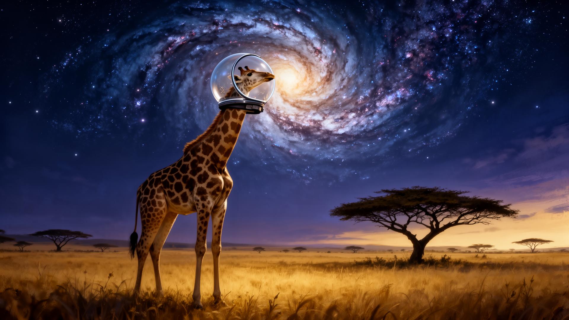 A giraffe in a space helmet gazes at a swirling galaxy above the savanna